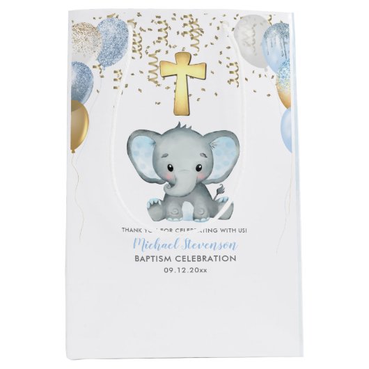 Cute Elephant Boys Baptisme Medium Cadeauzakje (Voorkant)