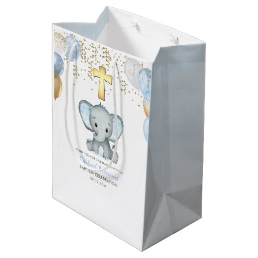 Cute Elephant Boys Baptisme Medium Cadeauzakje (Achterkant Gekanteld)