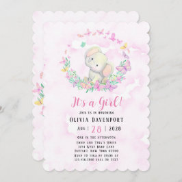 Cute Elephant & Butterflies Girl Baby shower Kaart