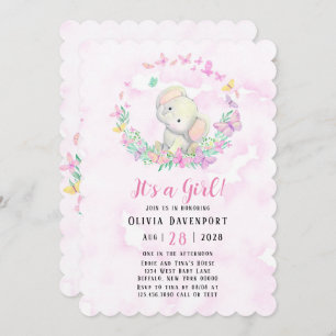 Cute Elephant & Butterflies Girl Baby shower Kaart