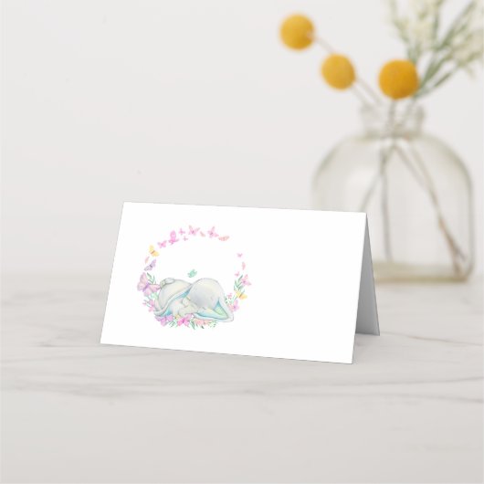 Cute Elephant Butterfly Blue Place Card Plaatskaartje (Voorkant)