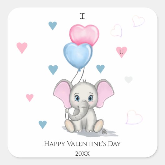 Cute Elephant Cartoon | Aangepaste Valentijnse sys Vierkante Sticker (Voorkant)