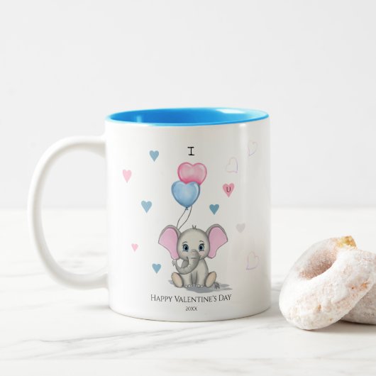 Cute Elephant Cartoon | Gepersonaliseerde Valentij Tweekleurige Koffiemok (Met donut)