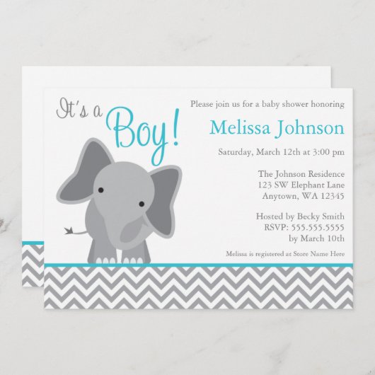 Cute Elephant Chevron Blauwgroen Baby shower Uitno Kaart (Voorkant / Achterkant)