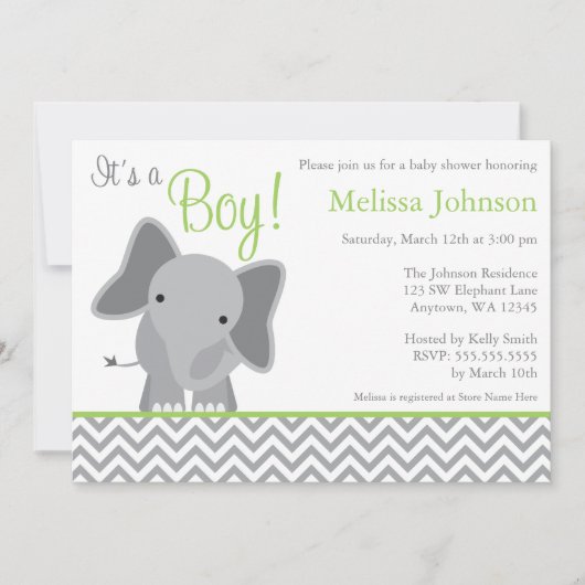 Cute Elephant Chevron Green Baby shower Invitation Kaart (Voorkant)