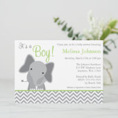 Cute Elephant Chevron Green Baby shower Invitation Kaart (Staand voorkant)