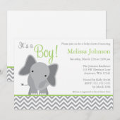 Cute Elephant Chevron Green Baby shower Invitation Kaart (Voorkant / Achterkant)