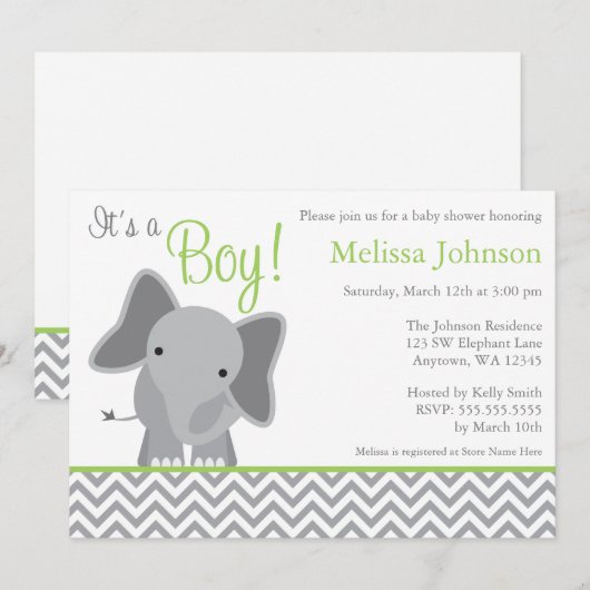 Cute Elephant Chevron Green Baby shower Invitation Kaart (Voorkant / Achterkant)