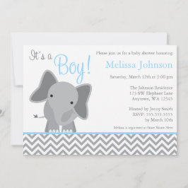 Cute Elephant Chevron Light Blue Baby shower Kaart