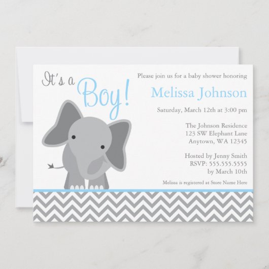 Cute Elephant Chevron Light Blue Baby shower Kaart (Voorkant)