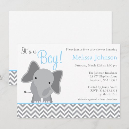 Cute Elephant Chevron Light Blue Baby shower Kaart (Voorkant / Achterkant)