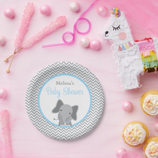 Cute Elephant Chevron Light Blue Baby shower Papieren Bordje (Feest)