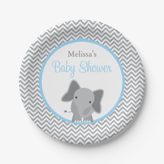 Cute Elephant Chevron Light Blue Baby shower Papieren Bordje (Voorkant)