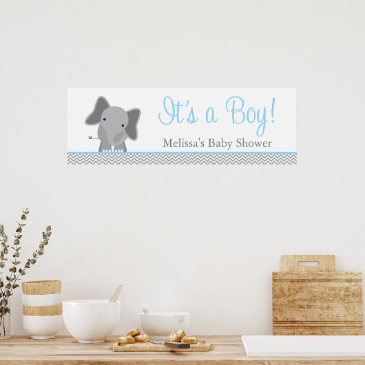 Cute Elephant Chevron Light Blue Baby shower Poster (Keuken)
