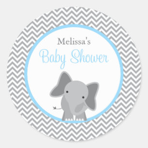 Cute Elephant Chevron Light Blue Baby shower Ronde Sticker