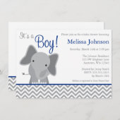Cute Elephant Chevron Navy Blue Baby shower Kaart (Voorkant / Achterkant)
