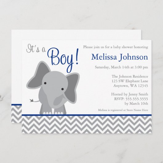 Cute Elephant Chevron Navy Blue Baby shower Kaart (Voorkant / Achterkant)