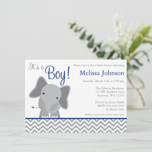 Cute Elephant Chevron Navy Blue Baby shower Kaart (Staand voorkant)