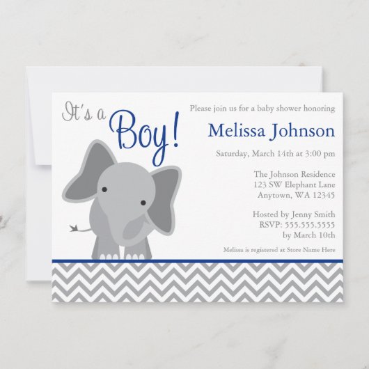 Cute Elephant Chevron Navy Blue Baby shower Kaart (Voorkant)
