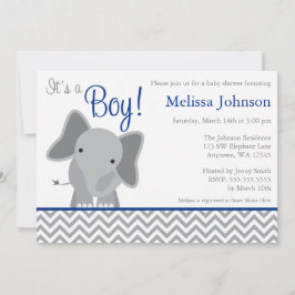 Cute Elephant Chevron Navy Blue Baby shower Kaart