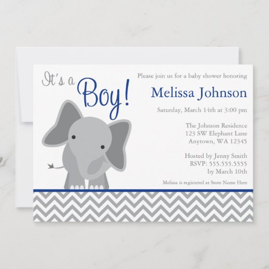 Cute Elephant Chevron Navy Blue Baby shower Kaart (Voorkant)