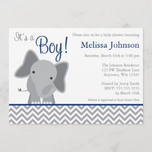 Cute Elephant Chevron Navy Blue Baby shower Kaart