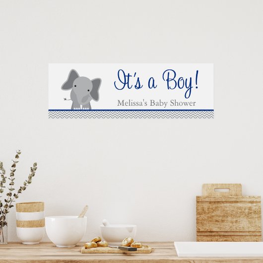 Cute Elephant Chevron Navy Blue Baby shower Poster (Keuken)