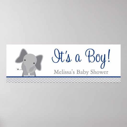 Cute Elephant Chevron Navy Blue Baby shower Poster (Voorkant)