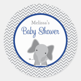 Cute Elephant Chevron Navy Blue Baby shower Ronde Sticker