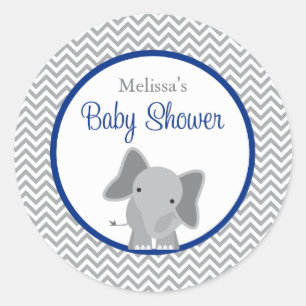 Cute Elephant Chevron Navy Blue Baby shower Ronde Sticker