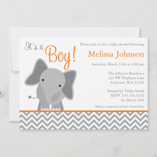 Cute Elephant Chevron Oranje Baby shower Kaart (Voorkant)