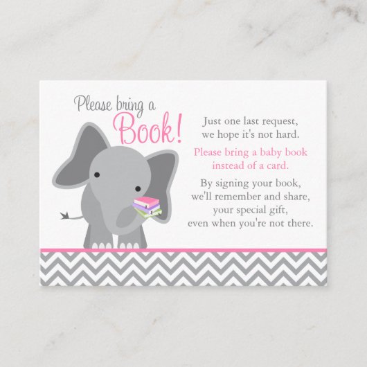 Cute Elephant Chevron Pink Baby shower Book Card Informatiekaartje (Voorkant)