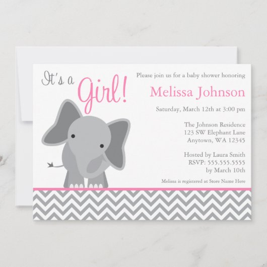 Cute Elephant Chevron Pink Baby shower Uitnodiging (Voorkant)