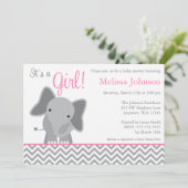 Cute Elephant Chevron Pink Baby shower Uitnodiging (Staand voorkant)