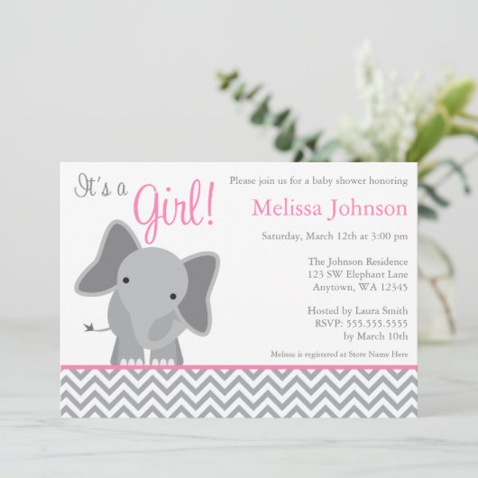 Cute Elephant Chevron Pink Baby shower Uitnodiging (Staand voorkant)