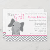Cute Elephant Chevron Pink Baby shower Uitnodiging (Voorkant / Achterkant)