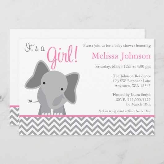 Cute Elephant Chevron Pink Baby shower Uitnodiging (Voorkant / Achterkant)