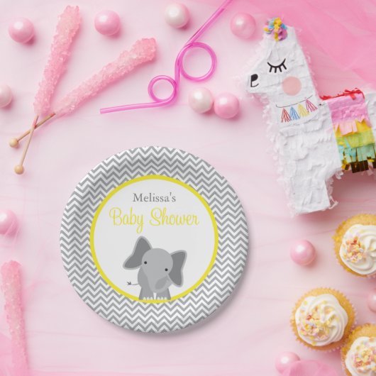 Cute Elephant Chevron Yellow Baby shower Papieren Bordje (Feest)