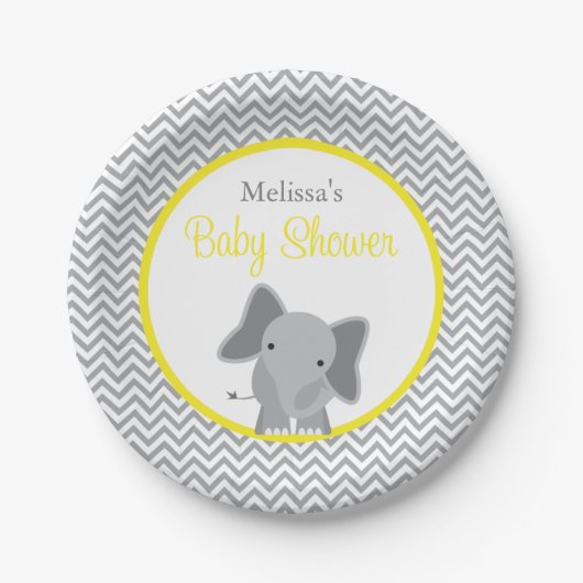 Cute Elephant Chevron Yellow Baby shower Papieren Bordje (Voorkant)
