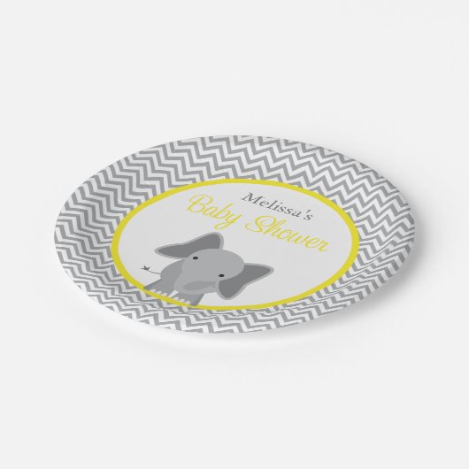 Cute Elephant Chevron Yellow Baby shower Papieren Bordje (Gekanteld)