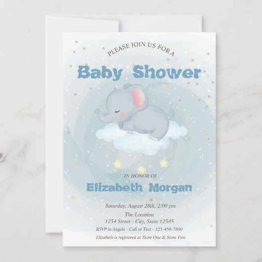 Cute Elephant, Cloud, Stars Baby shower Invitation Kaart (Voorkant)