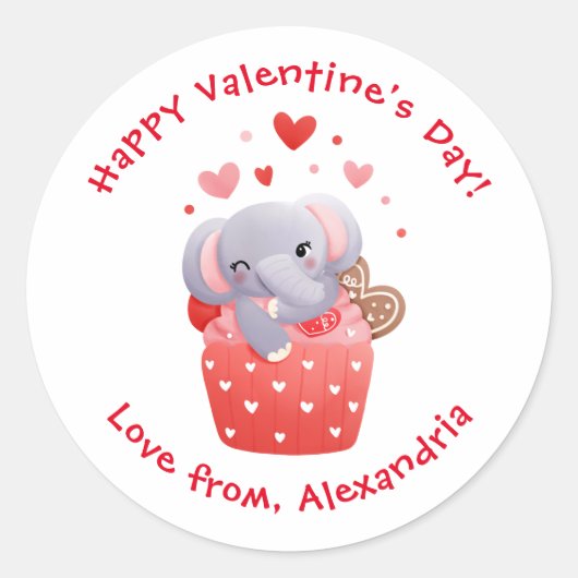Cute Elephant Cupcake Custom Kinder Valentijnsdag Ronde Sticker (Voorkant)