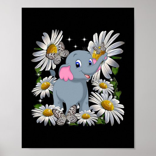 Cute Elephant Daisy Flower Butterfly Poster (Voorkant)