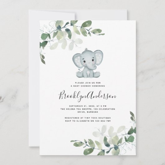 Cute Elephant Eucalyptus Baby shower Kaart (Voorkant)