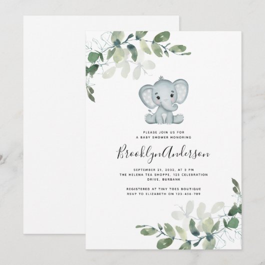 Cute Elephant Eucalyptus Baby shower Kaart (Voorkant / Achterkant)
