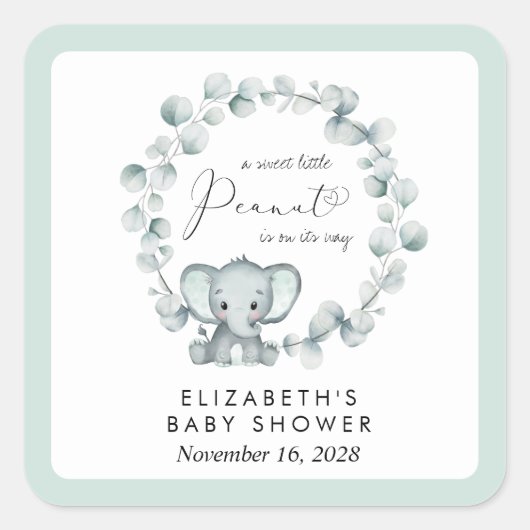 Cute Elephant Eucalyptus Baby shower Vierkante Sticker (Voorkant)
