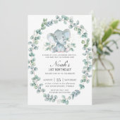 Cute Elephant Eucalyptus Greenery Birthday Boy Kaart (Staand voorkant)