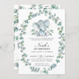 Cute Elephant Eucalyptus Greenery Birthday Boy Kaart