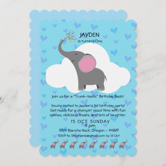 Cute Elephant First Birthday Invitation Kaart (Voorkant / Achterkant)
