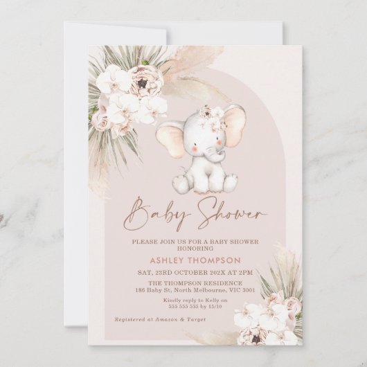 Cute Elephant Floral Boho Arch Baby shower Kaart (Voorkant)